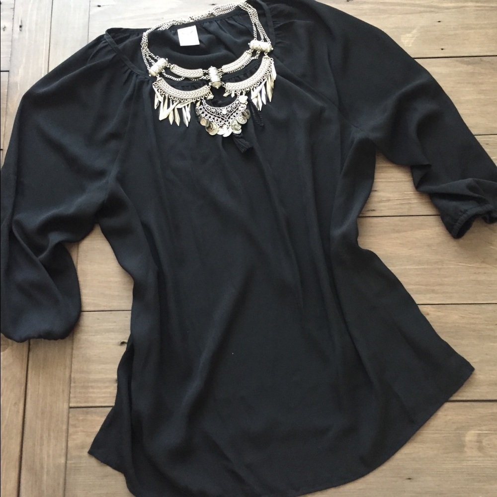 Black 3/4 sleeve blouse, scoop neck with tie